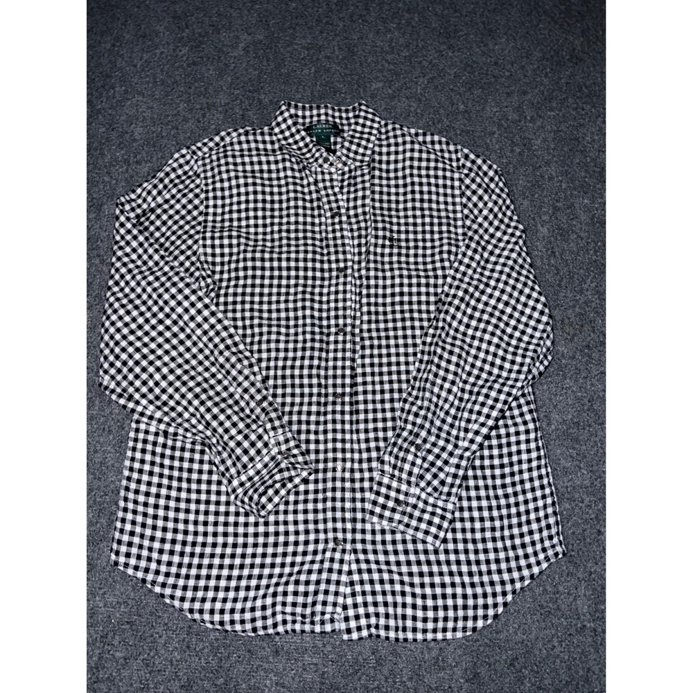 Lauren Ralph Lauren Black White Gingham 100% Linen Button Down Shirt Womens L